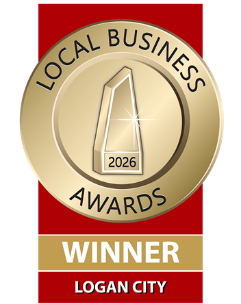 Gold Local Business Awards 2026 winner badge with Logan City text on a red background